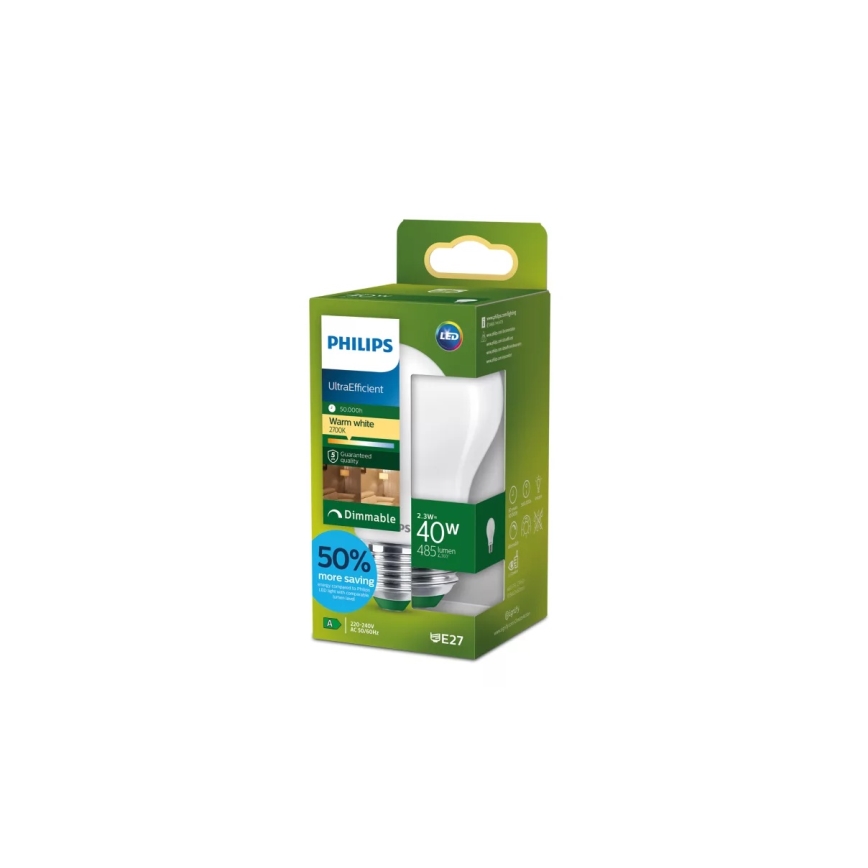 LED Stmievateľná žiarovka ULTRAEFFICIENT Philips A60 E27/2,3W/230V 2700K