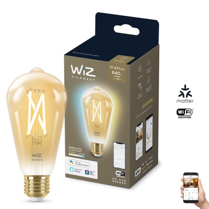 LED Stmievateľná žiarovka VINTAGE FILAMENT ST64 E27/7W/230V 2000-5000K CRI 90 Wi-Fi - WiZ