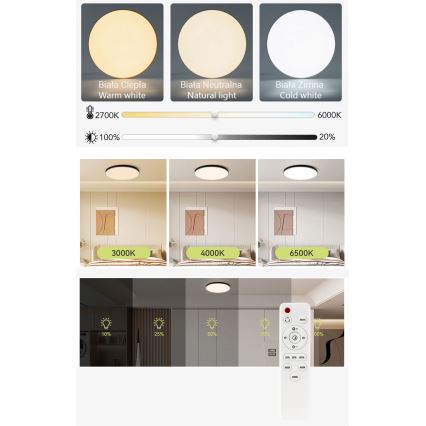 LED Stmievateľné stropné svietidlo LED/30W/230V 3000-6500K pr. 30 cm biela + diaľkové ovládanie