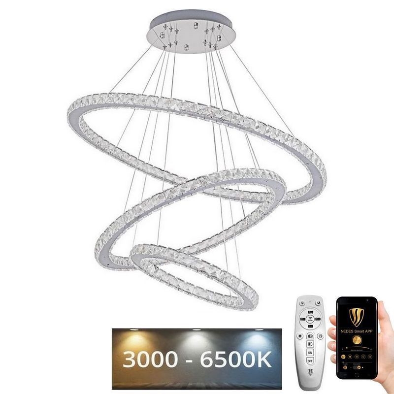 LED Stmievateľný krištáľový luster na lanku LED/210W/230V 3000-6500K strieborná + diaľkové ovládanie