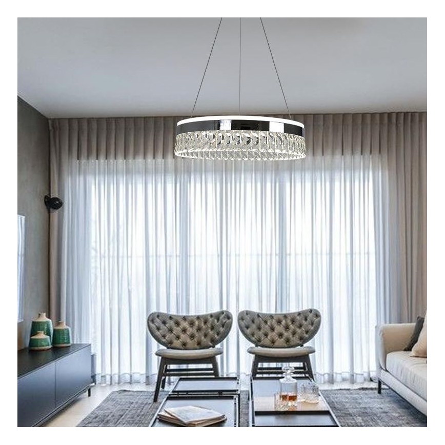 LED Stmievateľný krištáľový luster na lanku LED/90W/230V 3000-6500K lesklý chróm + diaľkové ovládanie