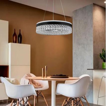 LED Stmievateľný krištáľový luster na lanku LED/90W/230V 3000-6500K čierna + diaľkové ovládanie