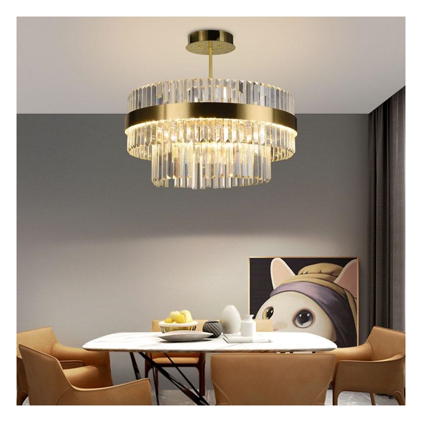LED Stmievateľný krištáľový luster na tyči LED/80W/230V 3000-6500K zlatá + diaľkové ovládanie