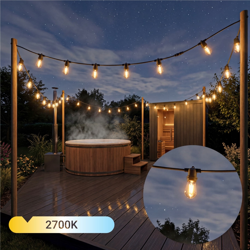 LED stmievateľná solárna dekoratívna reťaz 10xE27/0,3W/3/5V USB 2400 mAh 10,62 m IP65 čierna + diaľkové ovládanie