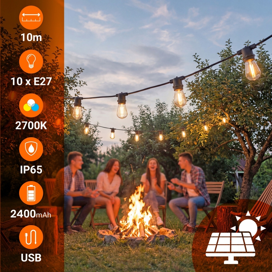 LED stmievateľná solárna dekoratívna reťaz 10xE27/0,3W/3/5V USB 2400 mAh 10,62 m IP65 čierna + diaľkové ovládanie
