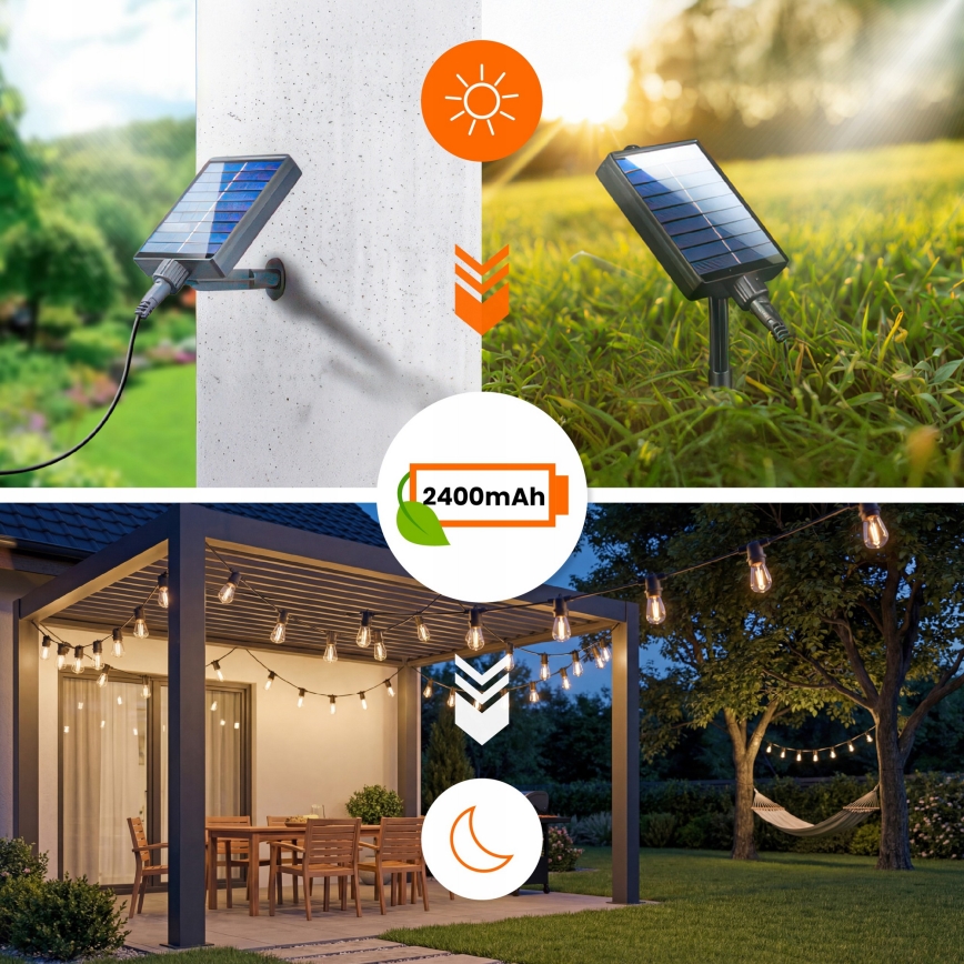 LED stmievateľná solárna dekoratívna reťaz 10xE27/0,3W/3/5V USB 2400 mAh 10,62 m IP65 čierna + diaľkové ovládanie