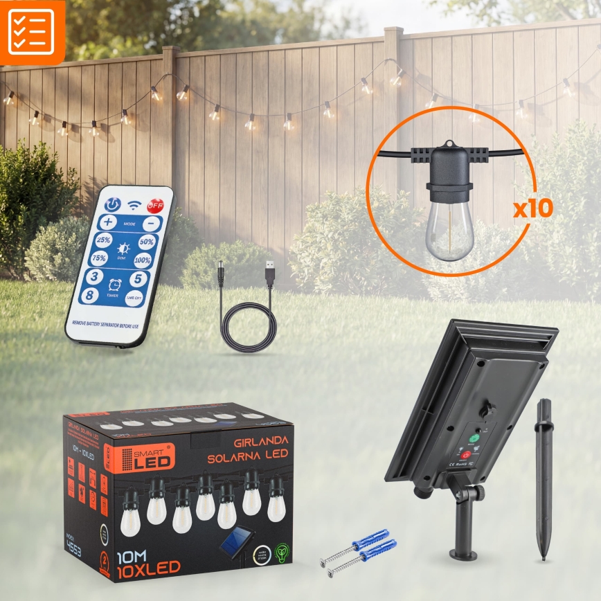 LED stmievateľná solárna dekoratívna reťaz 10xE27/0,3W/3/5V USB 2400 mAh 10,62 m IP65 čierna + diaľkové ovládanie