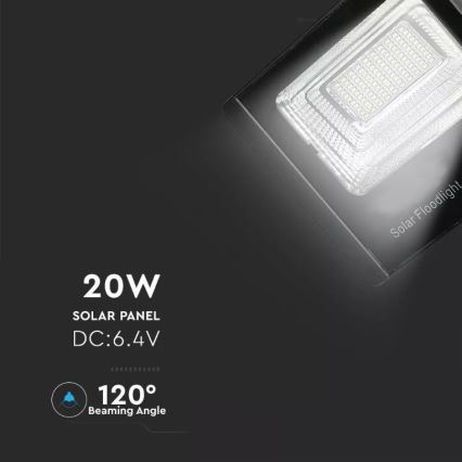 LED Stmievateľný solárny reflektor LED/20W/6,4V 4000K IP65 + diaľkové ovládanie