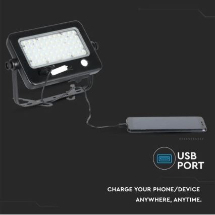 LED Stmievateľný solárny reflektor so senzorom LED/10W/3,7V 4000K IP65 7200 mAh + USB port