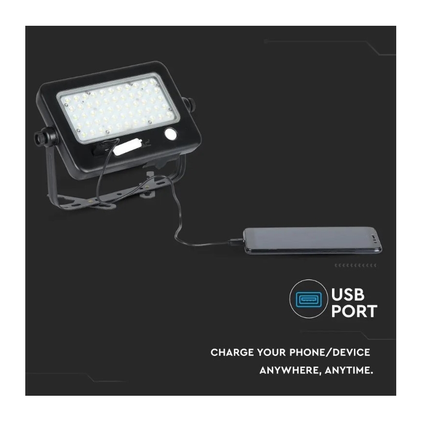LED Stmievateľný solárny reflektor so senzorom LED/10W/3,7V 4000K IP65 7200 mAh + USB port