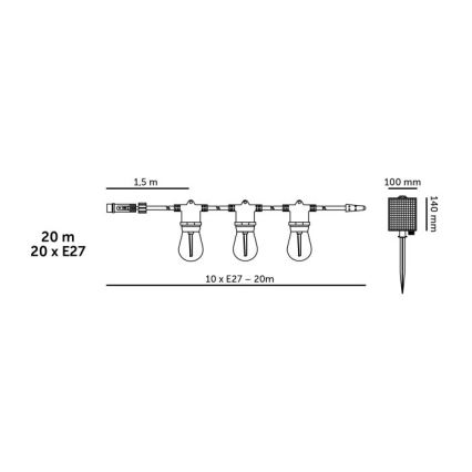 LED stmievateľný solárny dekoratívny reťazec STARLIGHT NEO 20xE27/3,7V 2700K IP54 2400 mAh 21,5m + diaľkové ovládanie