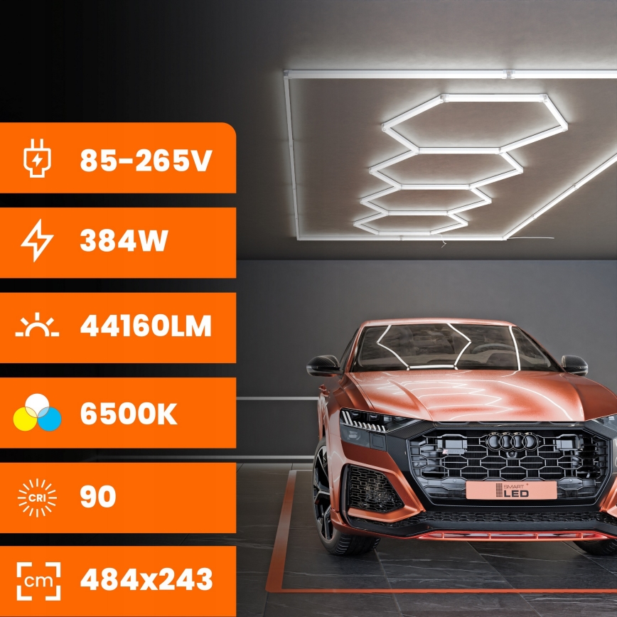 Stropné LED svietidlo HEXAGON LED/426W/85-265V 6500K 484x243 cm CRI 90 IP44 biela