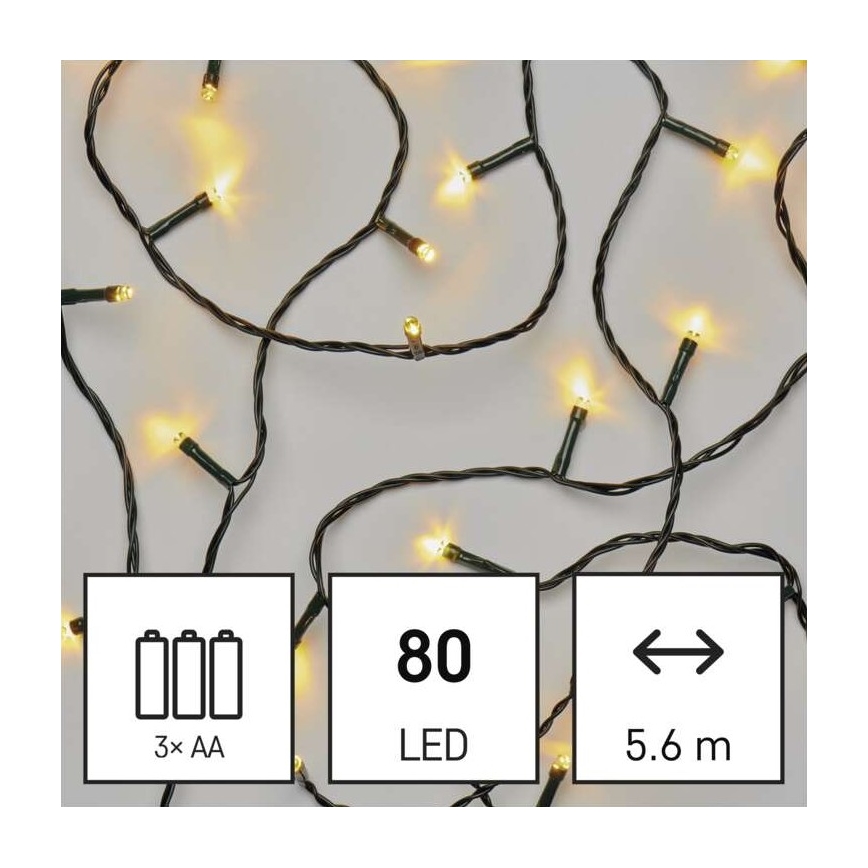 LED Vianočná vonkajšia reťaz 80xLED/3xAA 6,1m IP44 teplá biela