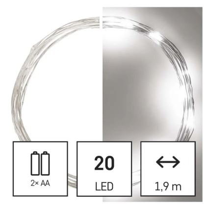 LED Vianočný reťaz 20xLED/2xAA 2,4m studená biela