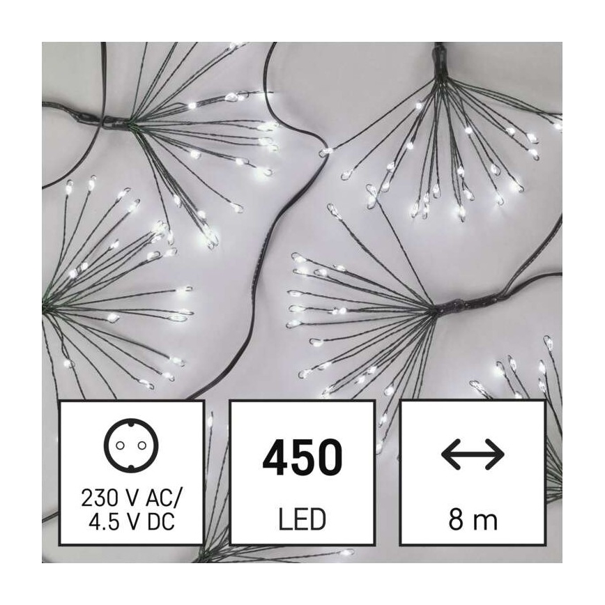 LED Vianočný reťaz 450xLED 8+3 m studená biela