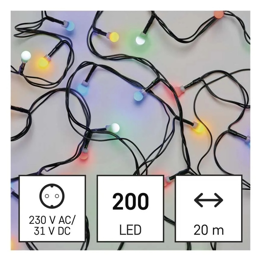 LED vianočný reťazec 200 LED / 8 funkcií, 25 m, IP44, viacfarebný