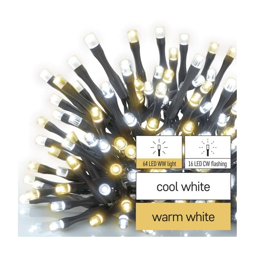 LED vianočný vonkajší reťaz 80xLED/2 funkcie 13m IP44 teplá/studená biela