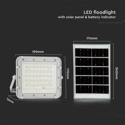 LED Vonkajší stmievateľný solárny reflektor LED/10W/3,2V IP65 6400K biela + diaľkové ovládanie