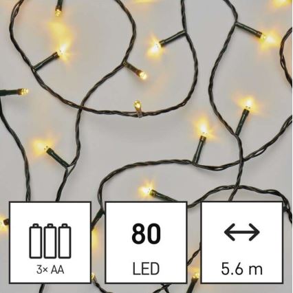 LED vonkajší svetelný reťazec 80xLED/3xAA 6,1m IP44 teplá biela