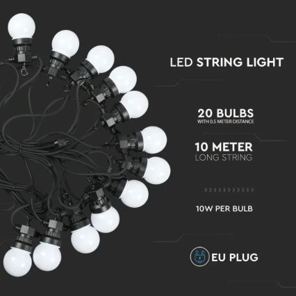 LED Vonkajšia reťaz STRING 10m 20xLED/0,5W/230V IP44 6000K