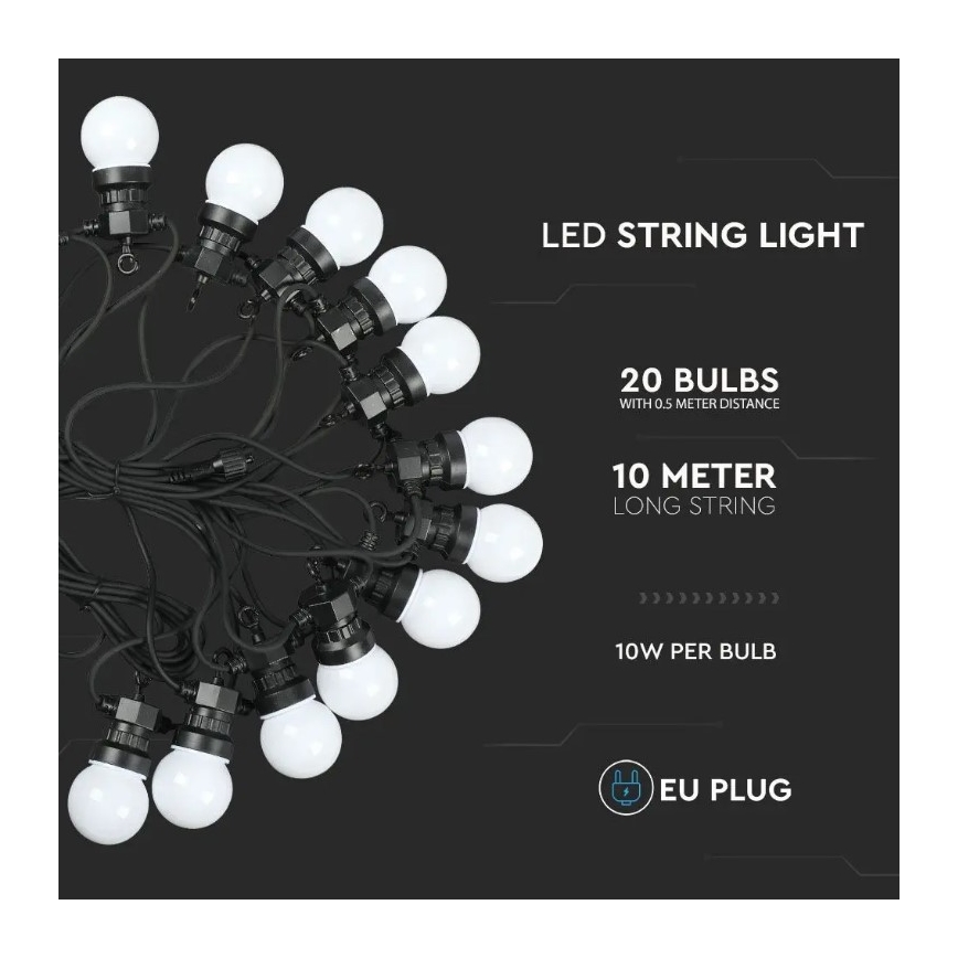 LED Vonkajšia reťaz STRING 10m 20xLED/0,5W/230V IP44 6000K