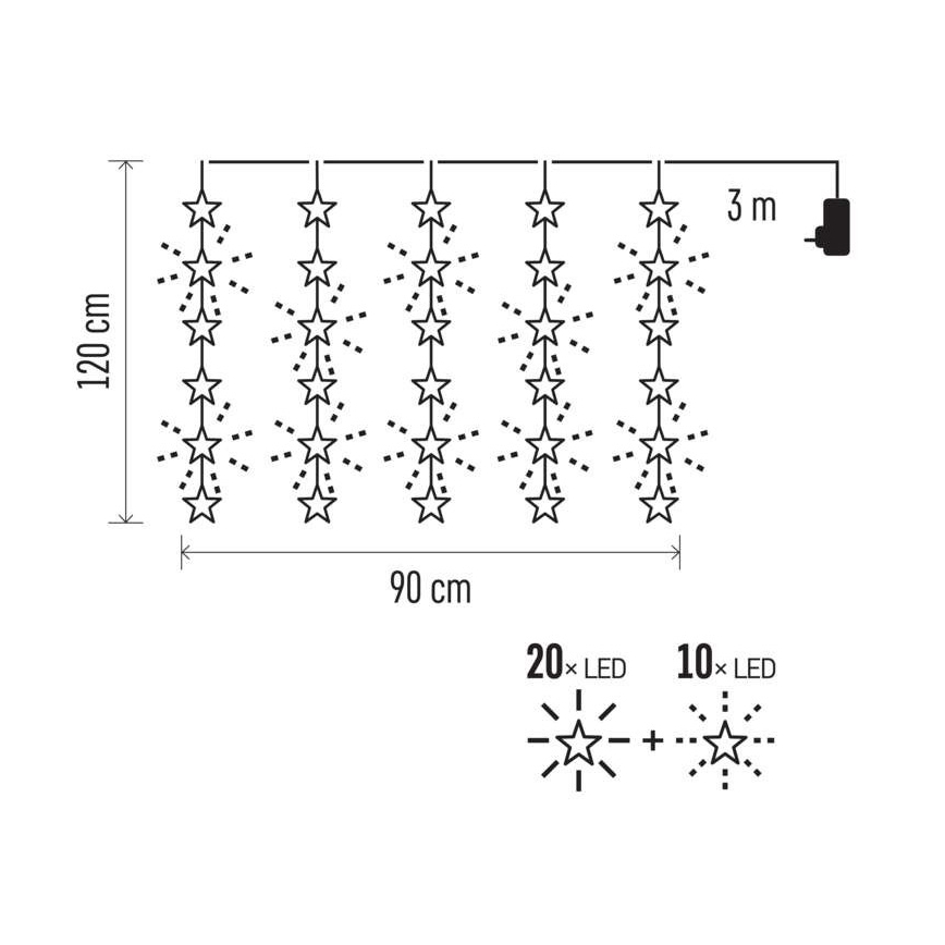LED vonkajšia svetelná reťaz 30xLED/3,9m IP44 hviezdy