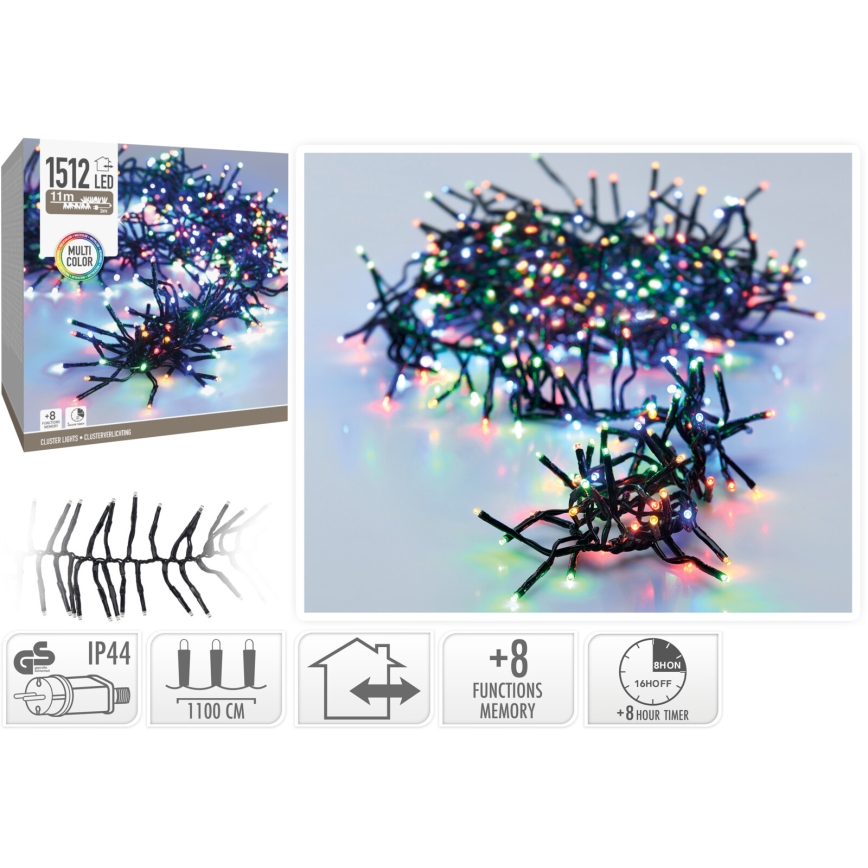 LED vonkajšia vianočná reťaz 1512xLED/230V/8 funkcií 14 m IP44 viacfarebná