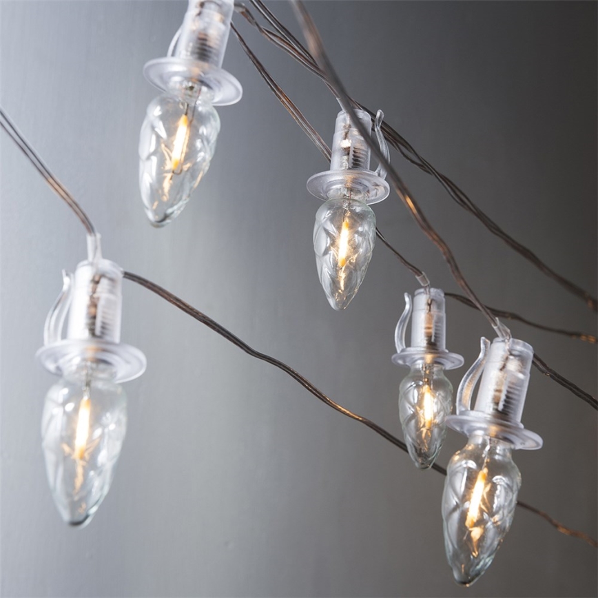 LED Vonkajšia vianočná reťaz CONE FILAMENT 20xE10 19m číra/teplá biela IP44, Vyrobené v EÚ
