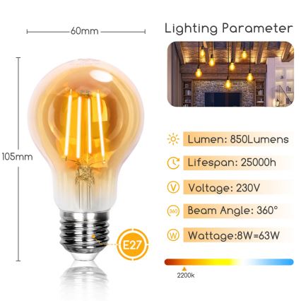 LED Žiarovka A60 E27/8W/230V 2200K - Aigostar