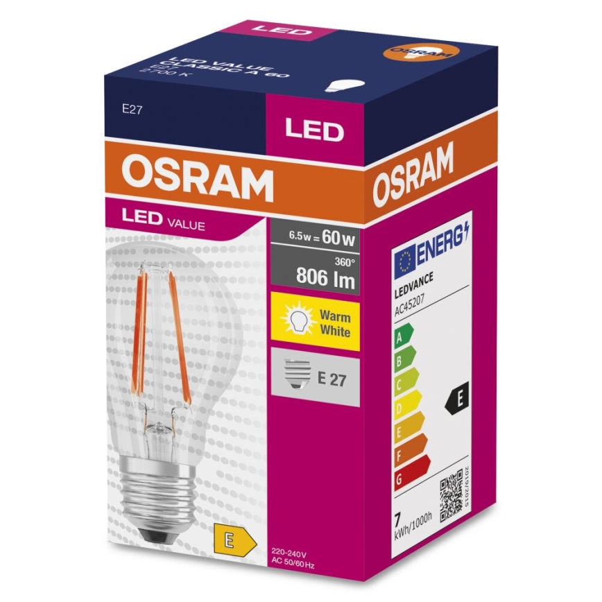 LED Žiarovka FILAMENT A60 E27/6,5W/230V 2700K - Osram