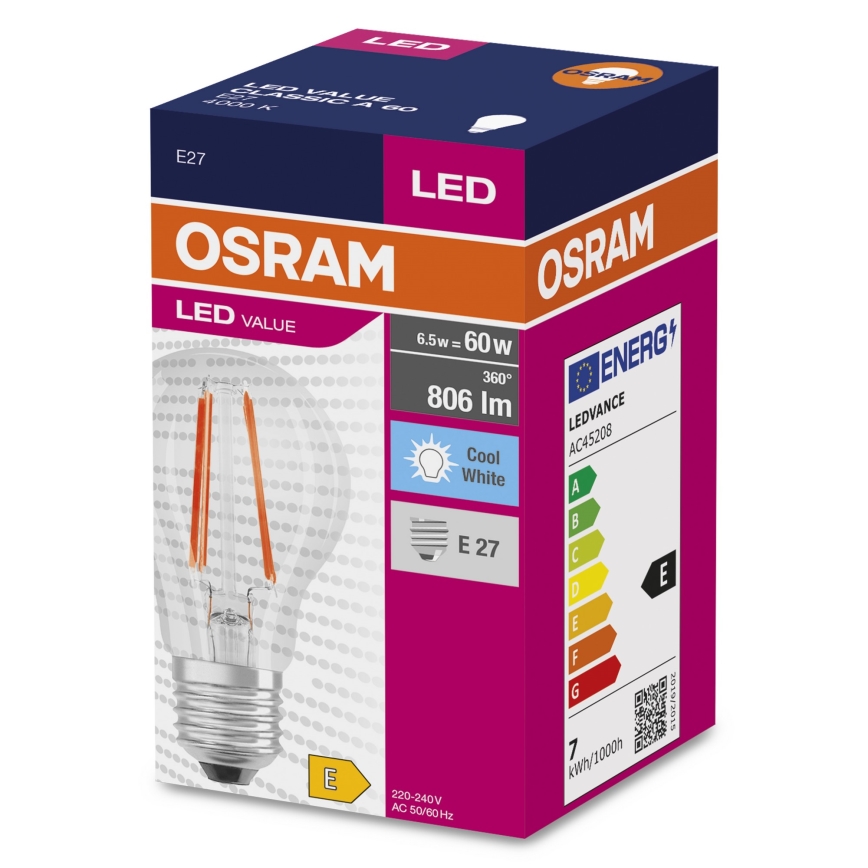 LED Žiarovka FILAMENT A60 E27/6,5W/230V 4000K - Osram