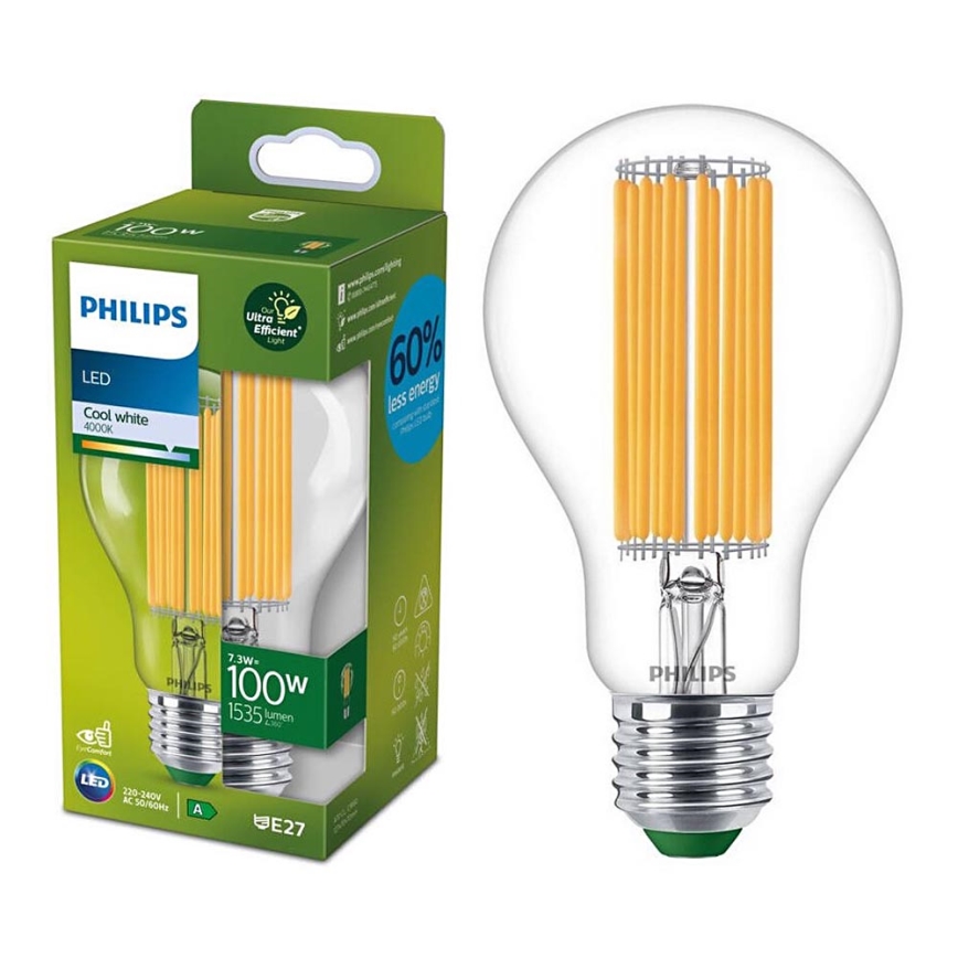 LED Žiarovka FILAMENT Philips A60 E27/7,3W/230V 4000K