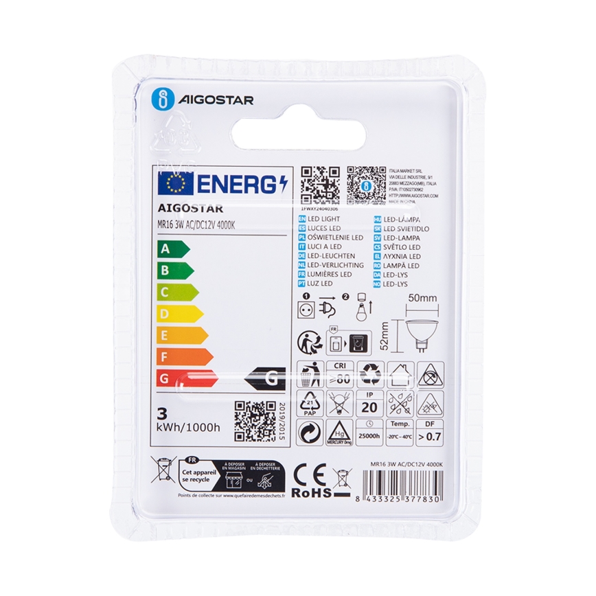 LED Žiarovka MR16 GU5,3/3W/12V 4000K - Aigostar