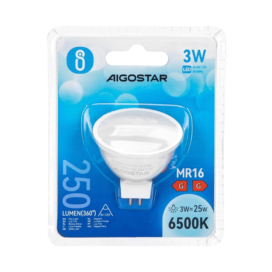 LED Žiarovka MR16 GU5,3/3W/12V 6500K - Aigostar