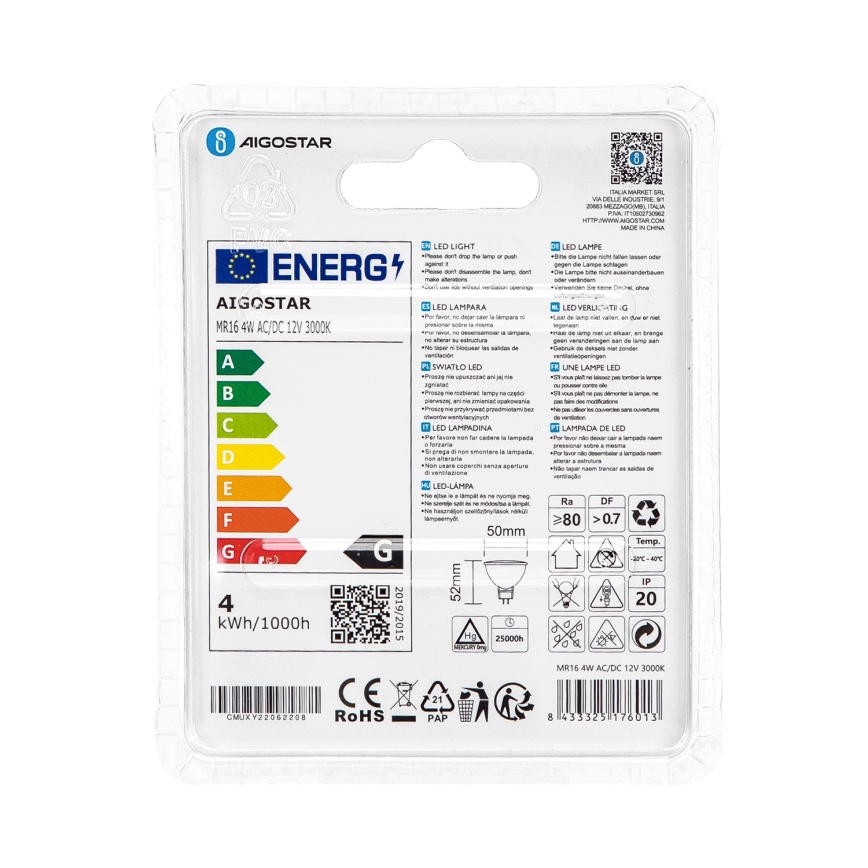 LED Žiarovka MR16 GU5,3/4W/12V 3000K - Aigostar