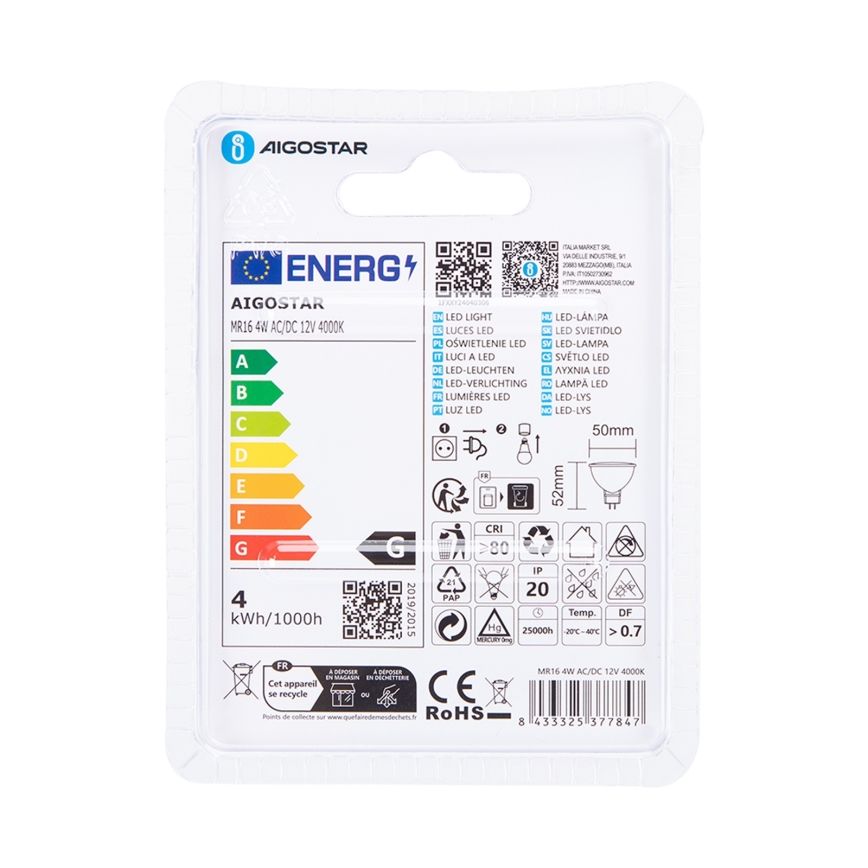 LED Žiarovka MR16 GU5,3/4W/12V 4000K - Aigostar