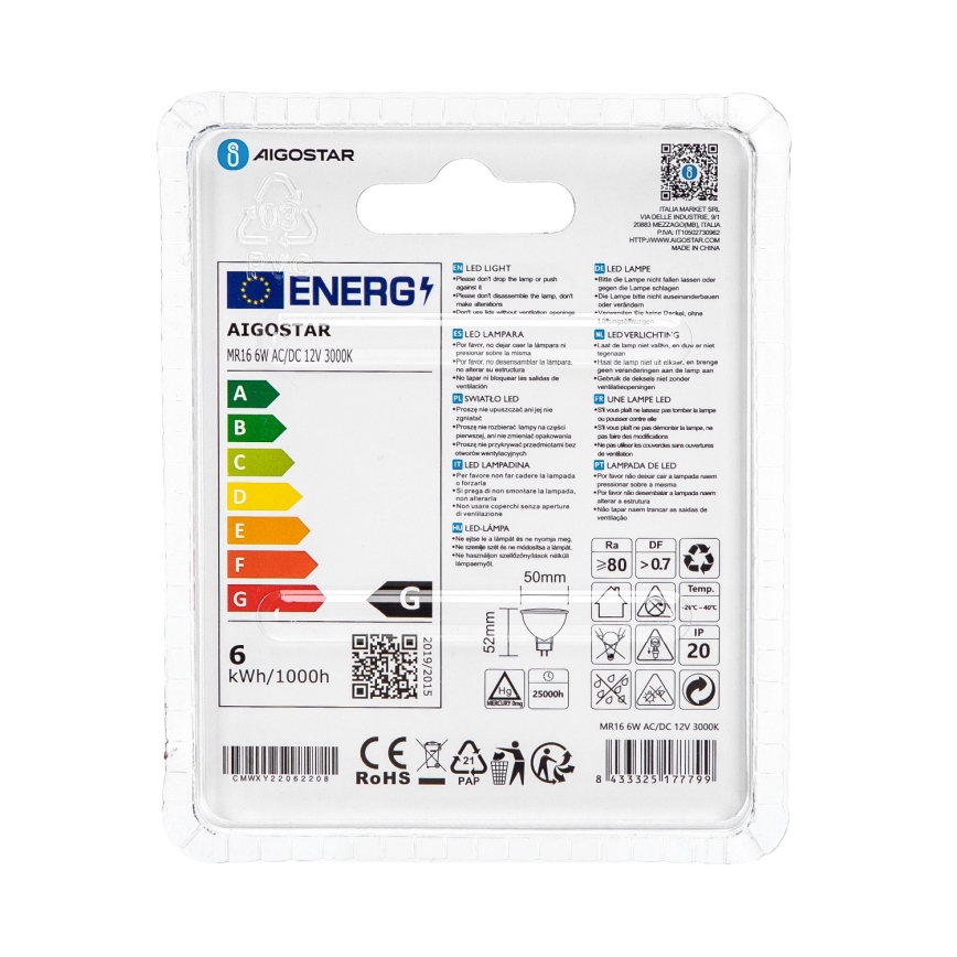LED Žiarovka MR16 GU5,3/6W/12V 3000K - Aigostar