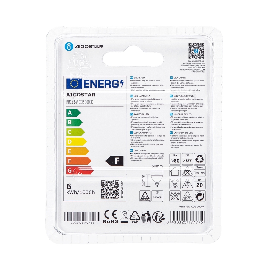 LED Žiarovka MR16 GU5,3/6W/12V 3000K - Aigostar