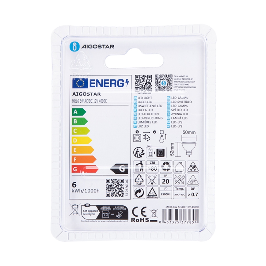 LED Žiarovka MR16 GU5,3/6W/12V 4000K - Aigostar