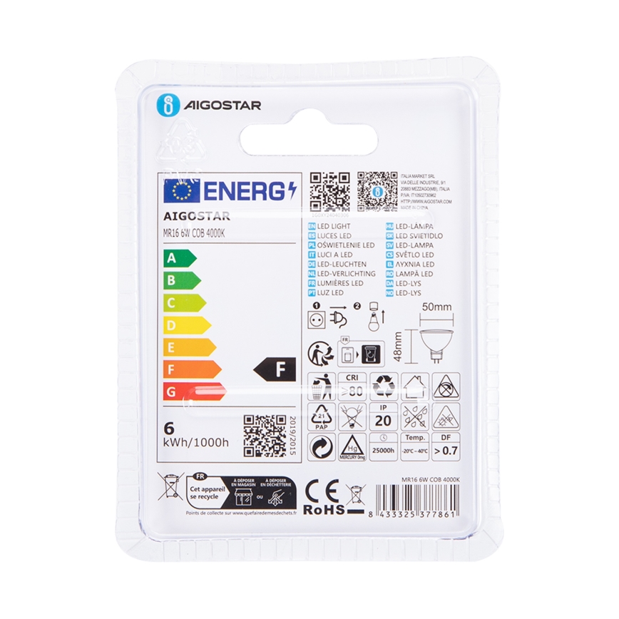 LED Žiarovka MR16 GU5,3/6W/12V 4000K - Aigostar