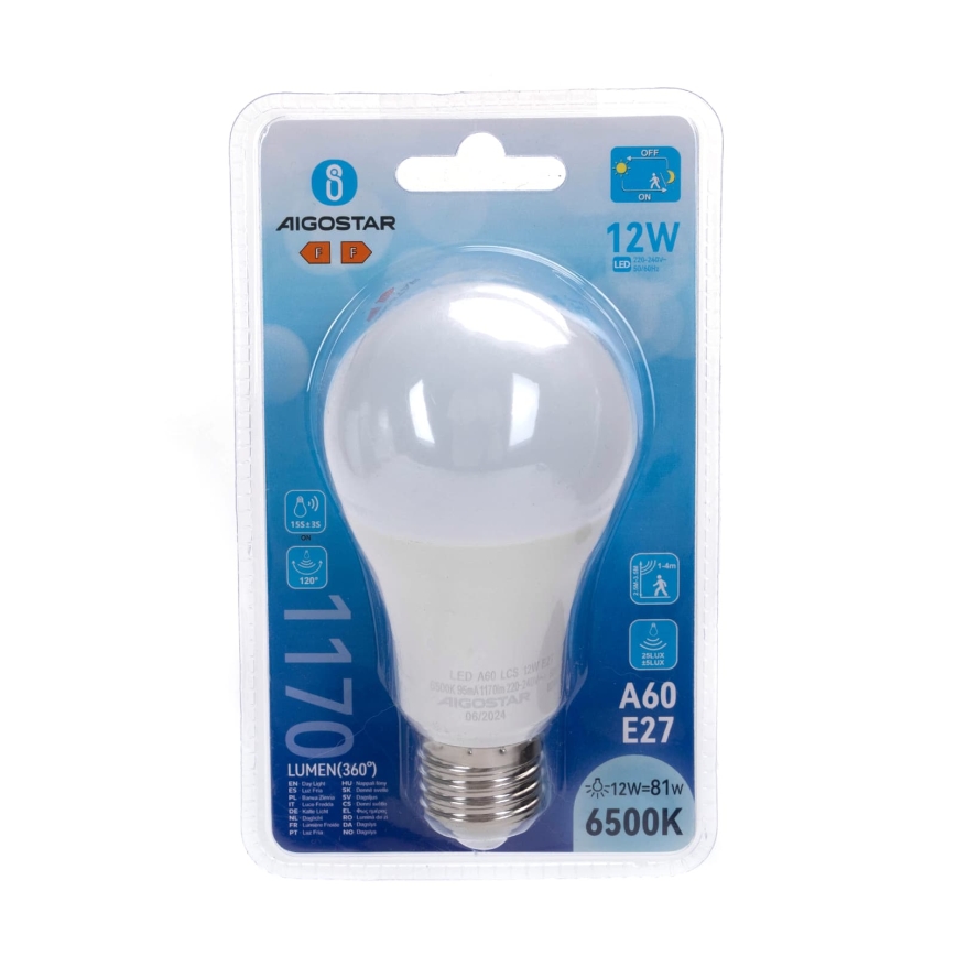 LED žiarovka s pohybovým a súmrakovým senzorom A60 E27/12W/230V 6500K - Aigostar