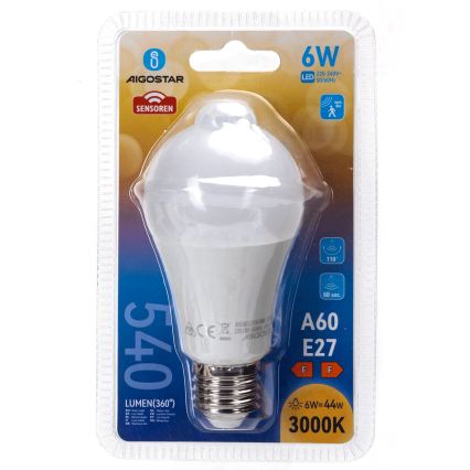 LED Žiarovka s pohybovým a súmrakovým senzorom A60 E27/6W/230V 3000K - Aigostar