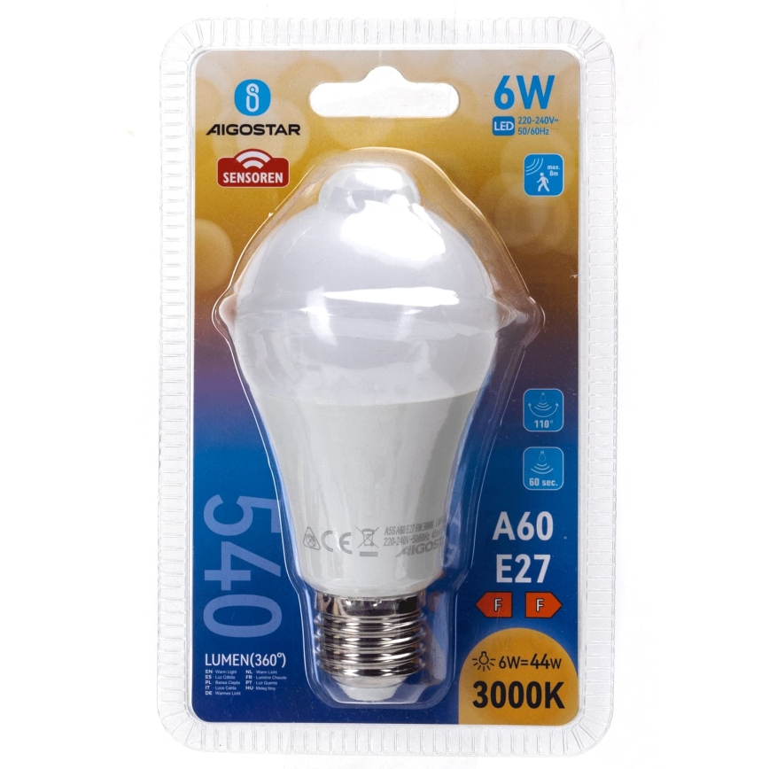 LED Žiarovka s pohybovým a súmrakovým senzorom A60 E27/6W/230V 3000K - Aigostar