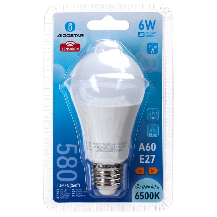 LED žiarovka s pohybovým a súmrakovým senzorom A60 E27/6W/230V 6500K - Aigostar