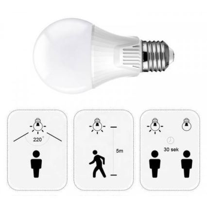 LED žiarovka s pohybovým senzorom E27/9W/230V 6500K