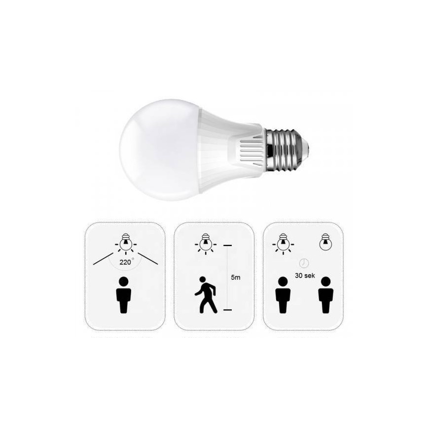 LED žiarovka s pohybovým senzorom E27/9W/230V 6500K
