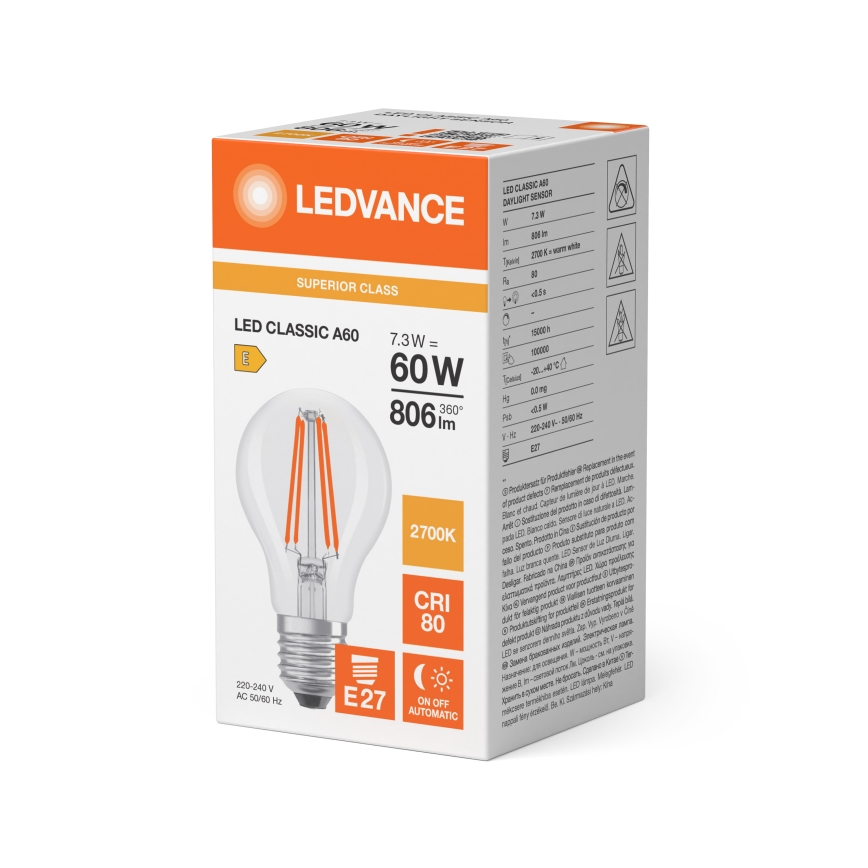 LED žiarovka so súmrakovým senzorom CLASSIC FILAMENT A60 E27/7,3W/230V 2700K - Osram
