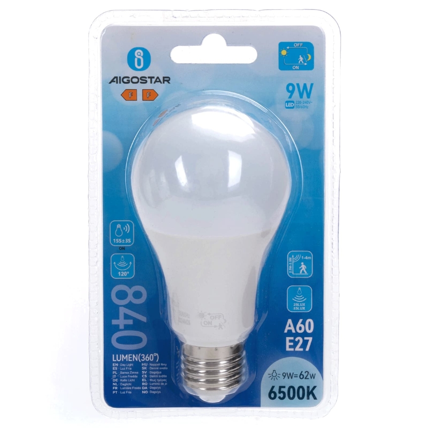 LED žiarovka so snímačom pohybu a súmraku A60 E27/9W/230V 6500K - Aigostar