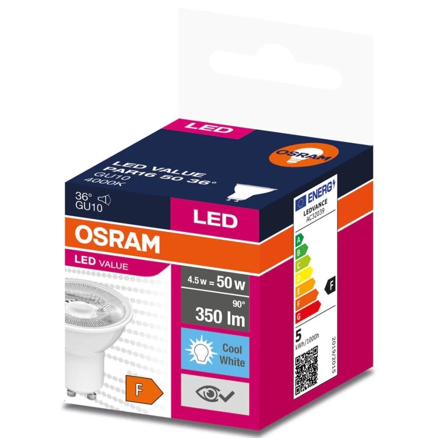 LED Žiarovka VALUE PAR16 GU10/4,5W/230V 4000K 36° biela - Osram