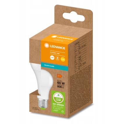 LED Žiarovka z recyklovaného plastu A60 E27/8,5W/230V 2700K - Ledvance